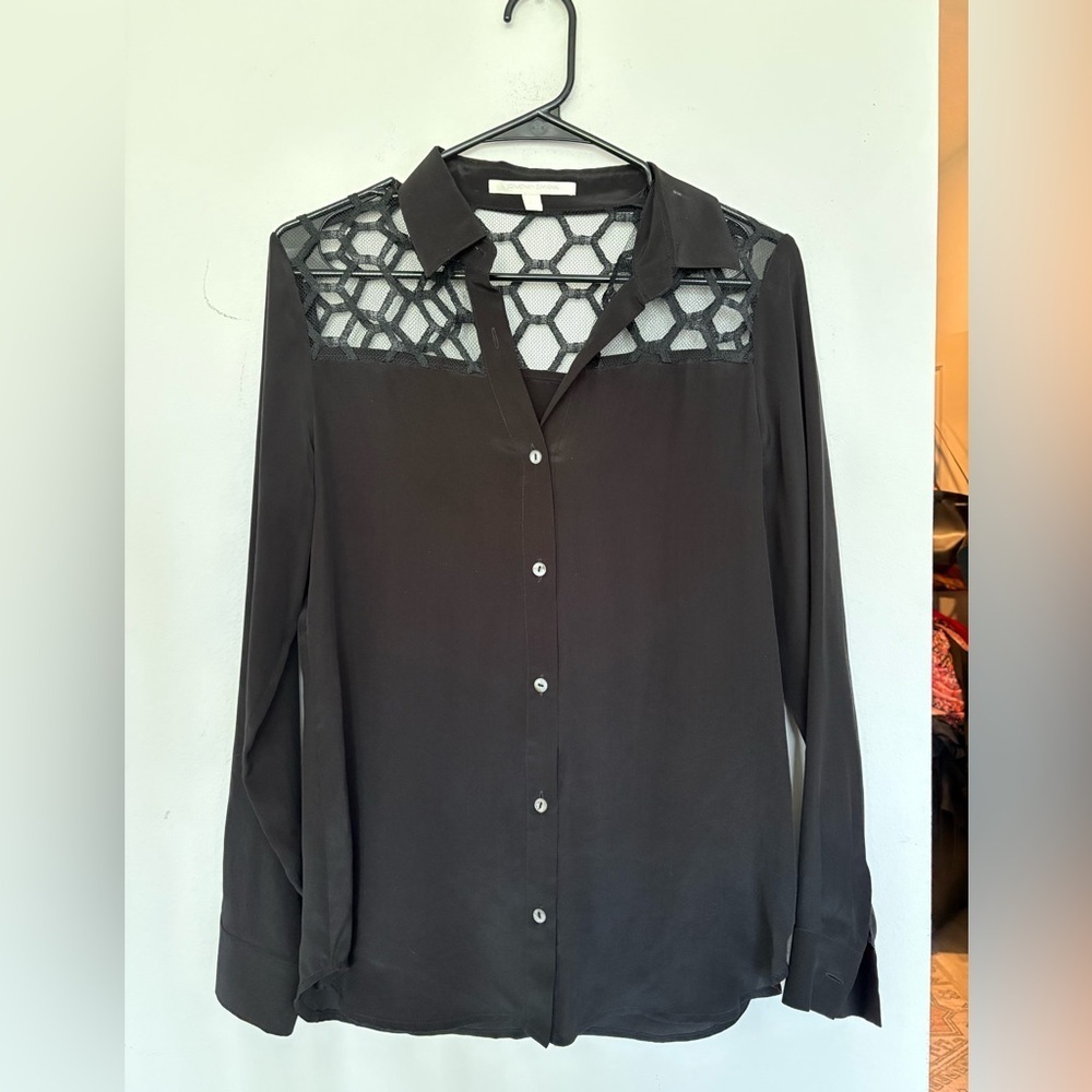 Jonathan Simkhai 100% Silk Sheer Honeycomb Mesh Blouse Black XS